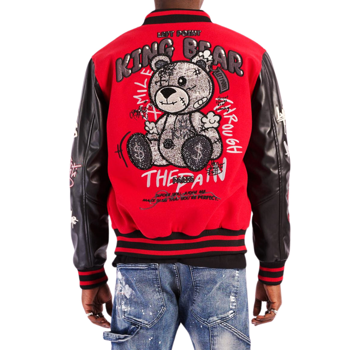 LEFT POINT MEN'S EMBROIDERED & RHINESTONE PAMP BEAR VARSITY JACKET (RED)